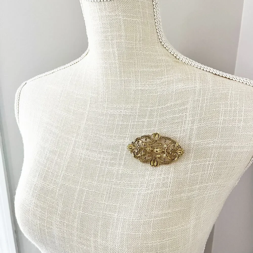1928 Brand Vintage Filagree Gold Tone Victorian Style Brooch Pin